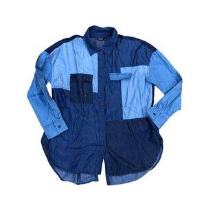 ANA A NEW APPROACH Denim Patch Button Up Shirt LG Women's Blue Pocket Top